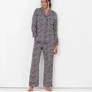 NEW Joules Cream Feather Sleeptight Cotton Leopard Print Top & Pant Pajama Set M